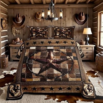 Western Cowboy Kids Comforter Set Twin Size,Western Texas Star Cow Fur Chic Bedding Set,Boys Girls Adults Room Decor,Wooden Plank Rustic Farmhouse Qulit Set,Brown Retro Duvet Insert,1 Pillowcase