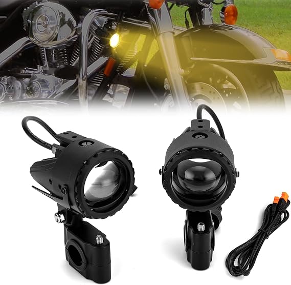 Wsays Motorcycle Fog Auxiliary LED Light Kit 60W Driving White/Amber with Mount Brackets Wire Harness Compatible with Harley Touring Sportster Softail Dyna Street Trike, Fit 1"-1.25" Bar Diameters