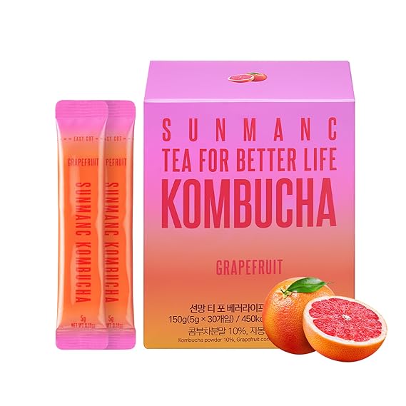 SUNMANC Grapefruit Kombucha 30 Packets - 0g Sugar & 15 Calories - 19 Probiotic Strains & Vitamin C - Refreshing & Bittersweet Sparkling Drink Mix for Digestive Support - Perfect K-Food Pairing (Grapefruit)