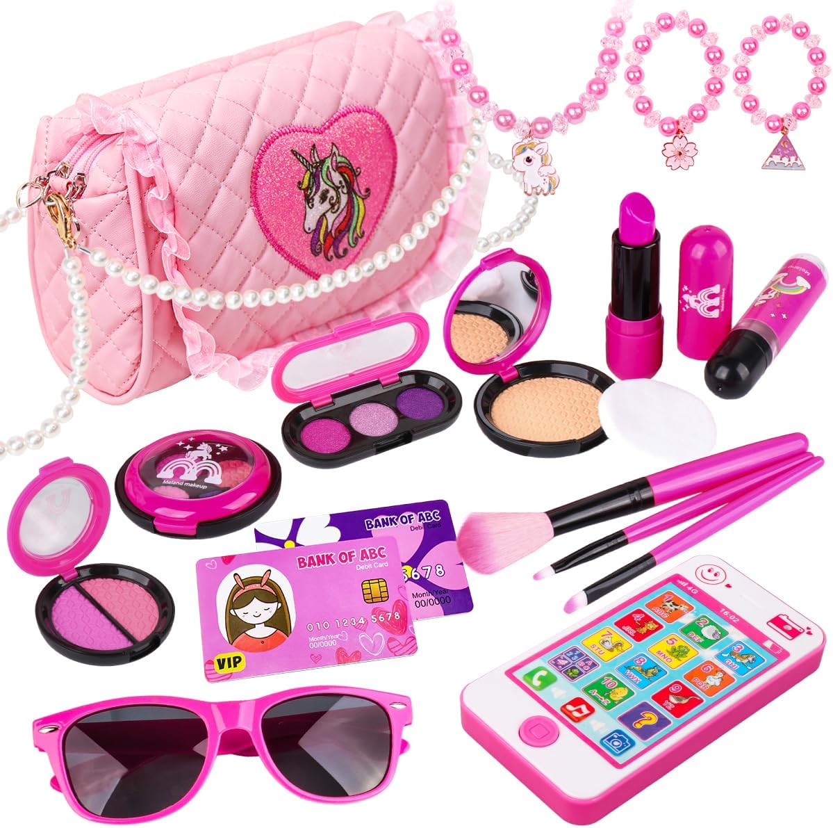 Pretend Play Makeup Set 19pcs - Fake Cosmetic Toys Kit with Pink Purse, Smartphone, Sunglasses, Birthday Gift for Little Girls