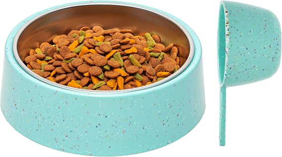 Bzyoo 4 Cup Tilted Dog Bowl with Measuring Scoop for Small Dogs & Cats, Stylish Sprinkle Design, Elevated, Stainless Steel 32 oz Inner Bowl, Non-Skid, Help Cotain Spills Color:Green