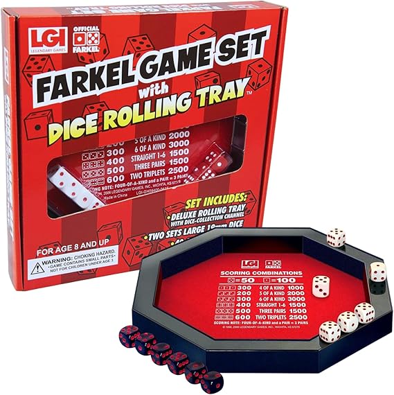 Farkel Game Set with Deluxe Dice Rolling Tray, Built-in Dice-Collection Channel, 2 Sets of Dice, 40-Sheet Scorepad, Classic Family Game