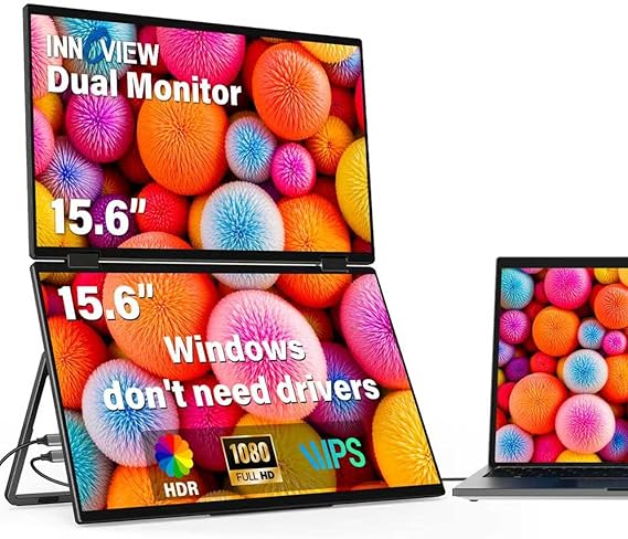 InnoView Dual Portable Monitor 15.6" 1920x1080 Dual Stacked Foldable Monitor | 315 Screen Adjustment | USB-C/HDMI Dual Screen Monitor for Laptop, Mac, Windows