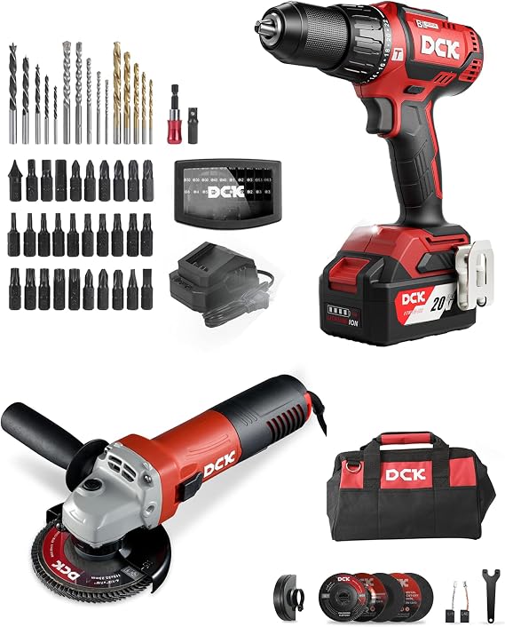 DCK 20V Brushless Hammer Drill, 531 in.lbs, 36000 BPM & DCK Angle Grinder, 4-1/2-Inch, 6.7Amp Corded Angle Grinder, 11,800 RPM
