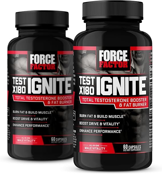 Force Factor Test X180 Ignite, Testosterone Booster & Fat Burner for Men, Testosterone Supplement to Burn Fat, Build Muscle, Increase Energy, and Boost Vitality and Performance, 60 Count (Pack of 2)