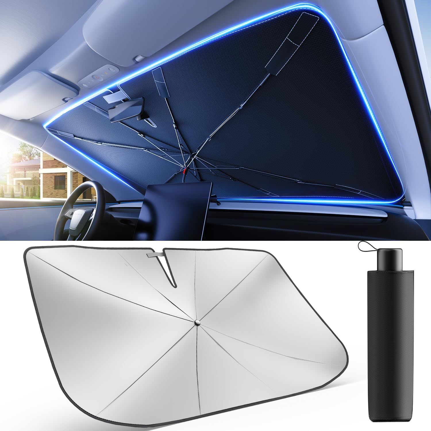2025 Upgrade] Weektic Windshield Sun Shade Umbrella for Car [Ultimate Cooling & Urethane Coated] Car Sun Shade Protect Interior from Sun Rays & Keep Cool, Medium57 L x 32 W