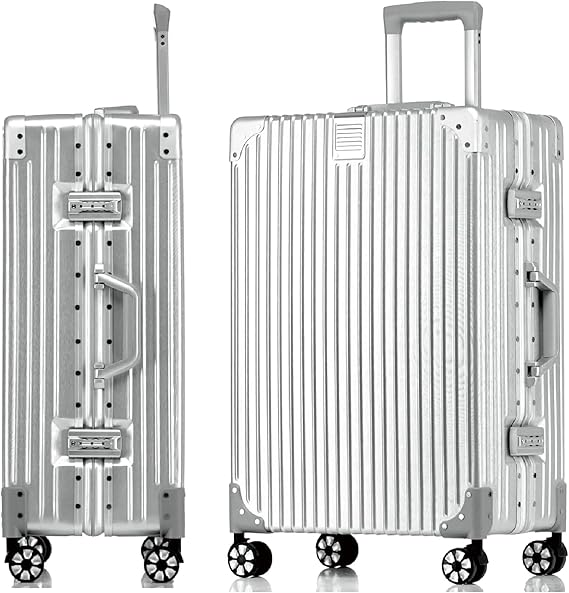 Aoliwei Aluminium Frame Suitcase XL (73 cm) - Robust 100% PC Hard Shell Trolley in Metal Look 78L Large Travel Suitcase for Check-in TSA Lock 4 Quiet 360° Double Wheels Silver