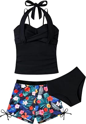 Girls Tankini Swimsuit with Short 3 Piece Halter Adjustable Bathing Suits for Girls Size 9-16