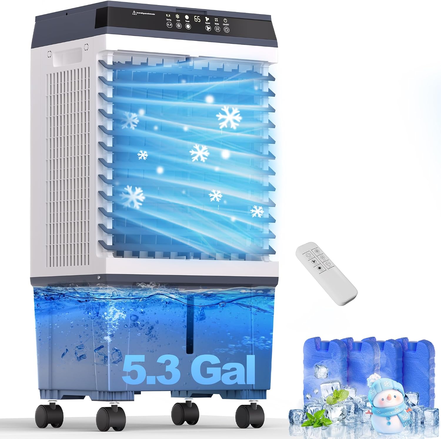 32inch Swamp Cooler Air Conditioner,Cooling Fan for Room Garage Patio,1800CFM Portable Evaporative Air Cooler，5.3 Gal Water Tank,3 Speeds,4 Ice Boxes,12H Timer,Remote