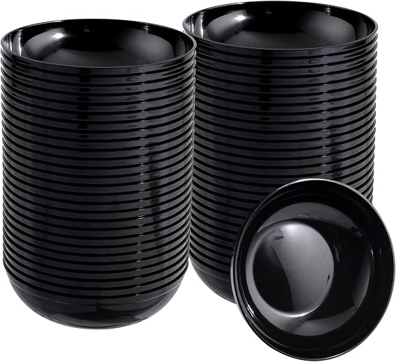 bUCLA 50Pack Black Plastic Bowls - 10oz Disposable Black Plastic Salsa/Serving Bowls - Ideal for Party & Graduation