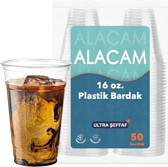 [50 Adet] Alacam Şeffat Tek Kullanımlık Plastik Bardak, Soğuk İçecek, Limonata, Meyve Suyu, Parti Bardağı (16 Oz - 470 ML)