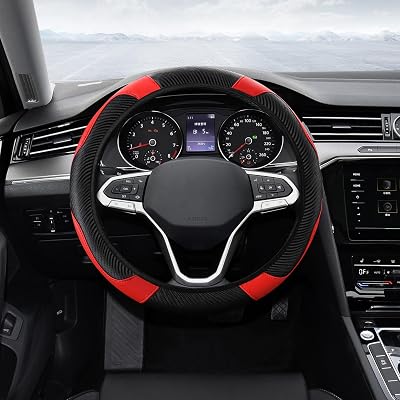 Car Steering Wheel Cover, Steering Wheel Protector, Universal 14.5-15 Inch Microfiber Leather Breathable Auto Steering Wheel Covers, Carbon Fiber Steering Wheel Cover for Women Men Red