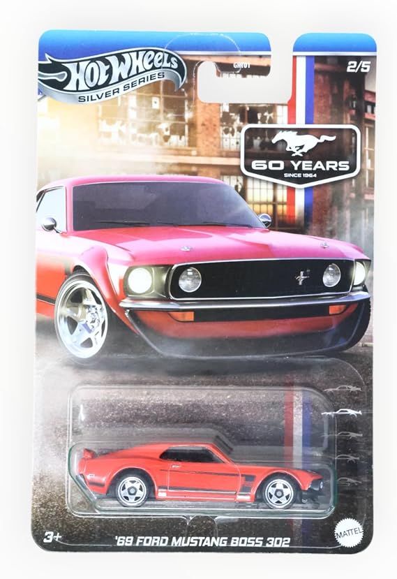 Hot Wheels '69 Ford Mustang Boss 302, Silver Series 2/5, 1:64 Scale Diecast Car