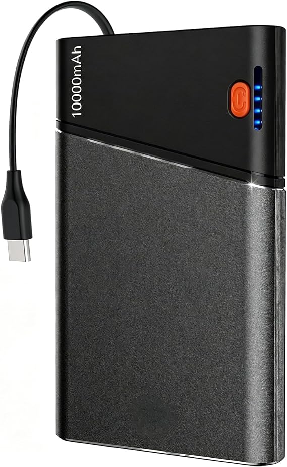 Aaoyun 10000mAh Portable Power Bank, 22.5W PD Fast Charging Battery Pack with Built-in USB-C Cable, Ultra-Slim External Phone Charger for iPhone 17/16/15, Samsung Galaxy S24, Android (Grey)