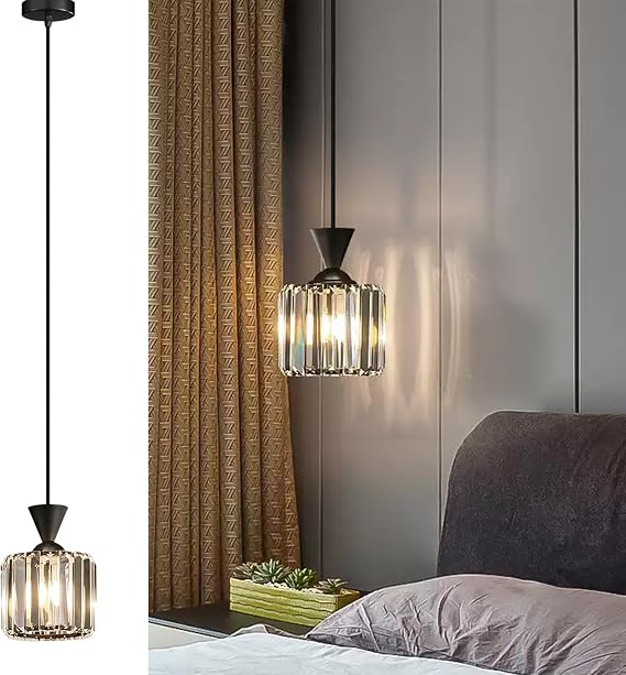 Crystal Ceiling Pendant Light Black,E27 Modern Hanging Lights Max 60W,ø12CM Adjustable Height Pendant Light Fitting for Kitchen Island Dining Room Loft Bedroom Living Room(Bulb Not Included) [Energy Class A]