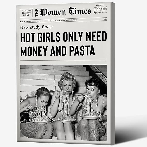 ZHIXQMG Girls Having Fun Newspaper Print Aesthetic Poster Retro Black and White Canvas Wall Art Trendy Hot Girl Eating Pasta Aesthetic Print Kitchen Girl Dorm Wall Decor 24x36 Inches Framed