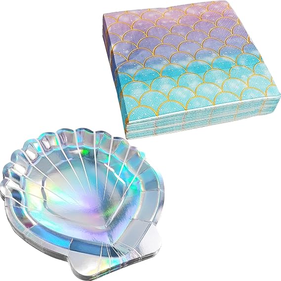 Mermaid Party Plates and Napkins Set Serve 20 Iridescent Shell Plates Mermaid Paper Napkins for Mermaids Themed Birthday Party Baby Shower