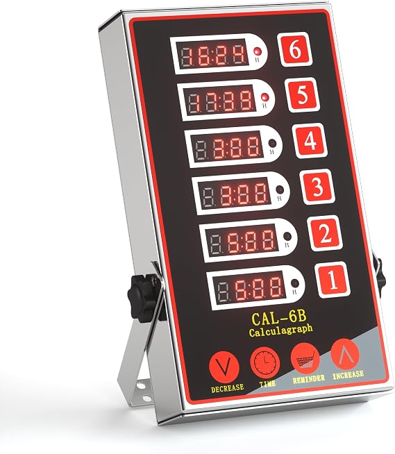 Commercial Kitchen Timer with 6 Channels, Professional LED Digital Timer for Cooking, Loud Alarm Volume +/-, Heavy Duty Stainless Steel Large Timers with Waterproof Panel & Memory Function