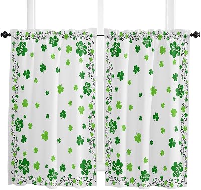 St. Patricks Day Window Short Curtains 45 Inch Length, Green Clover Lucky Black Line Rod Pocket Window Treatment Kitchen Drapes for Bedroom, Cafe, Living Room, 2 Panels, 52 W x 45 L