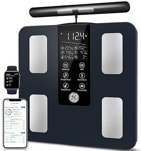 GE Smart Scale for Body Weight: Full Body Composition Analyzer, 50+ Metrics | 8-Electrode Digital Bathroom Scale for Body Weight Fat BMI Muscle Mass Bluetooth, Accurate Weighing Machine 400lb