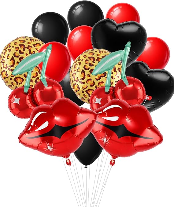 20Pcs Red Black Cheetah Party Decorations Kit, Cherry Lipstick Balloons