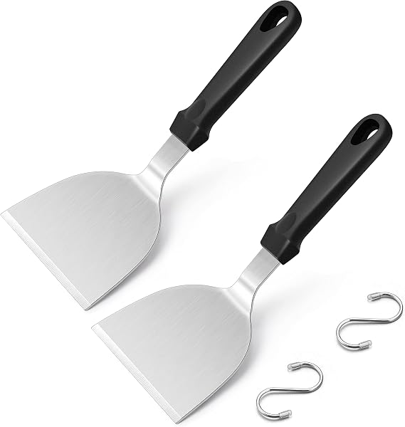 Metal Spatula Set of 2, HaSteeL 10 x 4.7In Stainless Steel Griddle Turner Flipper, Flat Top Griddle Teppanyaki Hibachi Tools for Barbecue Camping Cooking, Plastic Handle & Easy to Clean