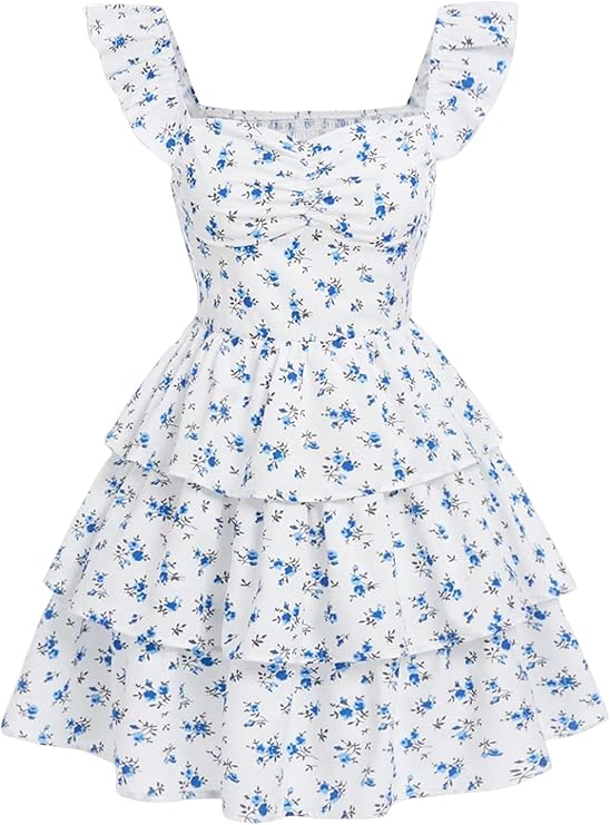 RoseSeek Girl's Floral Ruffle Summer Dress Ruched A Line Sundress