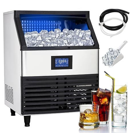 Commercial Ice Maker 440lbs/24h with 88lbs Storage Bin & LCD Control Panel, Includes Connection Hoses & Scoop for Bar Cafe Restaurant