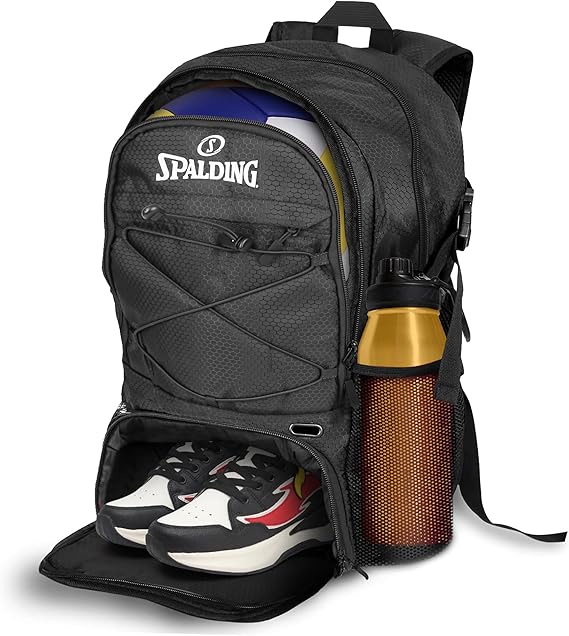 Spalding Volleyball Backpack Sports Bag, Black Backpack with Ball and Shoes Compartment Fits Sports Gear, Official Bag for Beach Volleyball Games Gift for Ball Players, Black