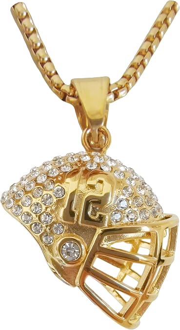 18K Gold-plated Football Helmet Necklace | No.12 Football Star Necklace Stainless Steel Chain for Men Women Hip Hop