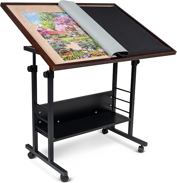 Becko US Jigsaw Puzzle Table Puzzle Board with Cover Puzzle Easel Tilting Table with Height Adjustment for Up to 1500 Pieces Enclosed with 4 Wheels (Brown)