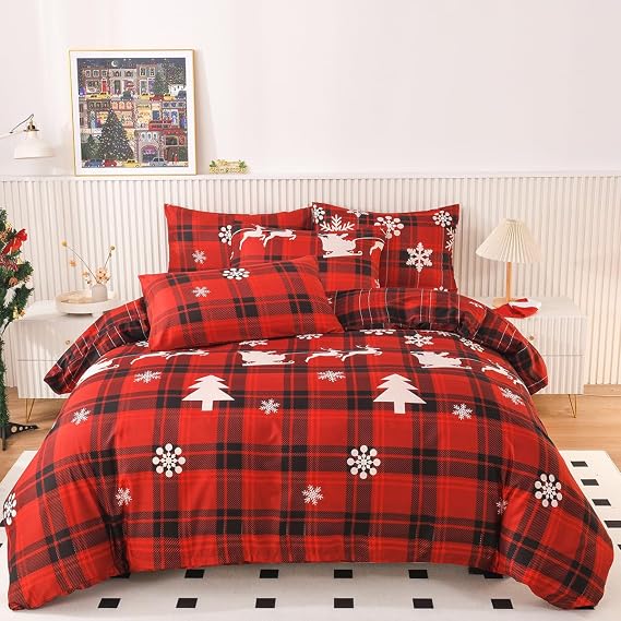 Mengersi Christmas Duvet Cover Set Full Size,Christmas Tree Snowflake Duvet Cover Check Printed Christmas Plaid Duvet Cover Comforter Cover Set for New Year Holidy Xmas Gifts