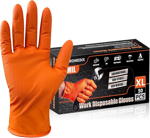 PROMEDIX P Heavy Duty Nitrile Disposable Gloves,8-mil Orange,Raised Diamond Texture Work Gloves,Industrial Work gloves