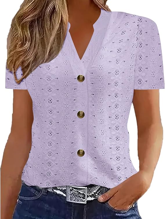 Womens Elegant Dressy Casual Blouses Eyelet Lace Embroidered Short Sleeve Tops Button Down V-Neck Shirts