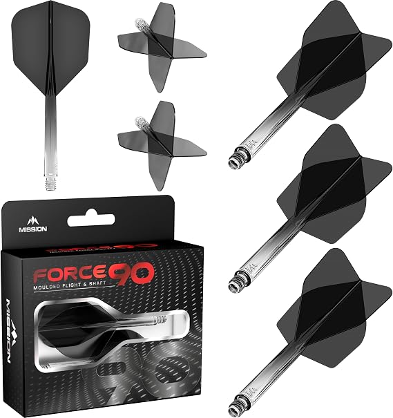 Mission Darts Force 90 | Integrated Precision Moulded Dart Flight and Shaft System, Pack of 3 Professional Durable Combined Dart Flights and Stems | Standard No.6 (Black Gradient, Medium).