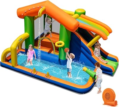 BOUNTECH Inflatable Water Slide, 8-in-1 Playhouse Bouncy Castle Water Slide 3-12 Years Old with Slide, 520w Blower, Splash Pool, Basketball Hoop, Outdoor Water Bounce House for Kids Backyard Gifts