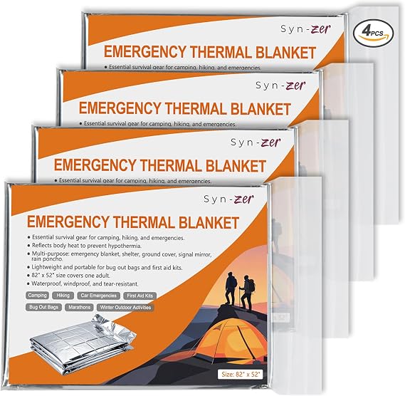 Syn-zer 4-Pack Thermal Mylar Emergency Blankets 82"x52"