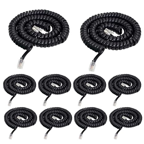 Telephone Phone Handset Cable Cord,10Pack Phone Cord Landline 8Ft Uncoiled / 1.4Ft Coiled Landline Phone Handset Cable RJ9 4P4C Telephone Accessory Phone Cord- Black