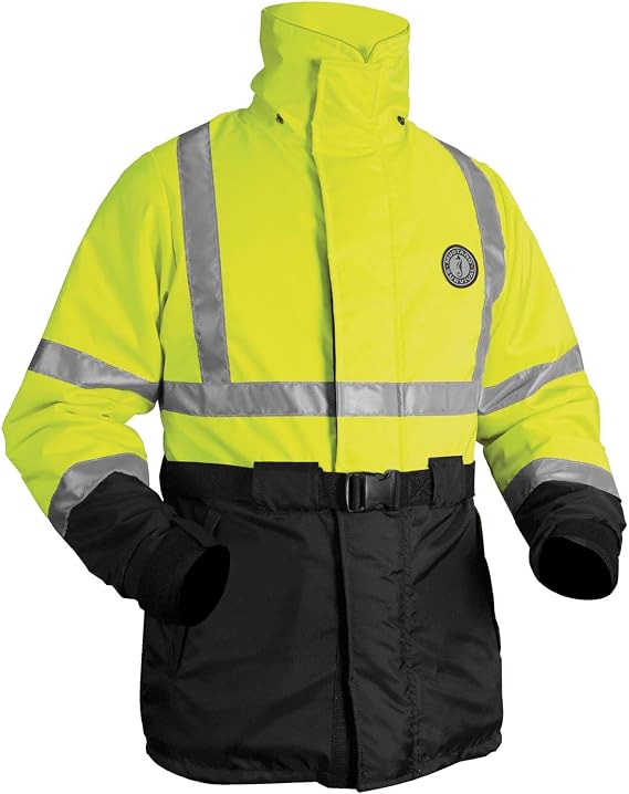 MUSTANG SURVIVAL - High Visibility Floatation Coat (Fluorescent Green-L) - USCG Approved, Flotation and hypothermia Protection, 62 sq in of Solas, Neoprene Wrist Seals