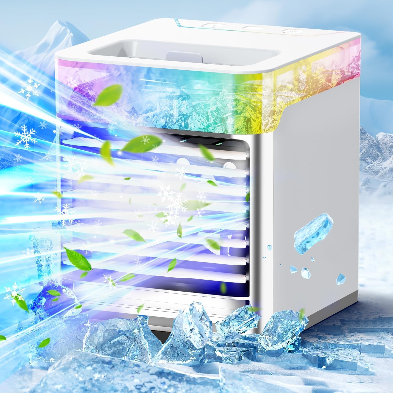 Portable Air Conditioner, Personal Mini Air Conditioners with 3 Speeds & 2 Mist Modes, 3000 mAh Battery Mini Air Cooler with 7-Color Night Light, Evaporative Air Cooler for Office Desk Home Camping