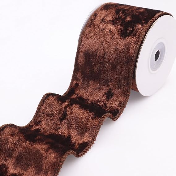 Brown Velvet Ribbon Velvet Wired Ribbon 2.5Inch Wide Fabric Ribbon Trim Single Face Spool Satin Ribbons for Gift Wrapping Bow Making Christmas Decoration(5Yards)