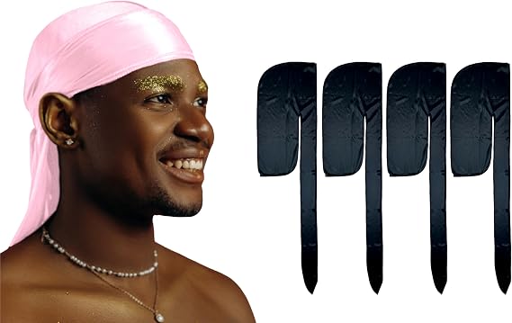 1 Pack Pink Silky Satin Durag Bundle 4 Pack Black Silk Durag