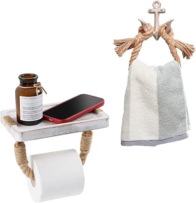 2 Pieces Nautical Rope Toilet Paper Holder White Anchor Metal Hook Towel Bar Towel Rack Wood Farmhouse Bathroom Decor Wall Mount Beach Tissue Holder