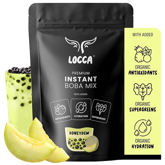 Locca Premium Honeydew Milk Tea Mix - Instant Boba with Authentic Flavor and Organic Supergreens Antioxidants for Popping Boba (19.75oz)