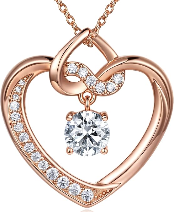 G&GEMSJEW Heart Birthstone Necklaces for Women, Heart Pendant Necklace 18K Rose Gold Jewelry Gifts for Wedding Anniversary Birthday Gift for Girlfriend Mom Women Christmas Gift S925 Sterling Silver