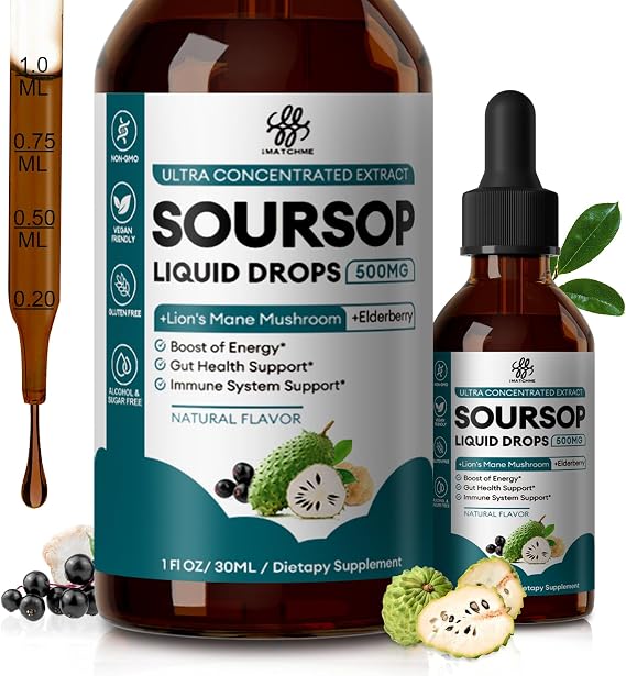 iMATCHME Soursop Graviola Liquid Drop for Immune, Gut, Antioxidants, Cell & Energy, Soursop Bitters Liquid with Elderberry & Lion Mane Mushroom, 3X Power Herbal, Sugar-Free, Natural Flavor, 1 Fl Oz