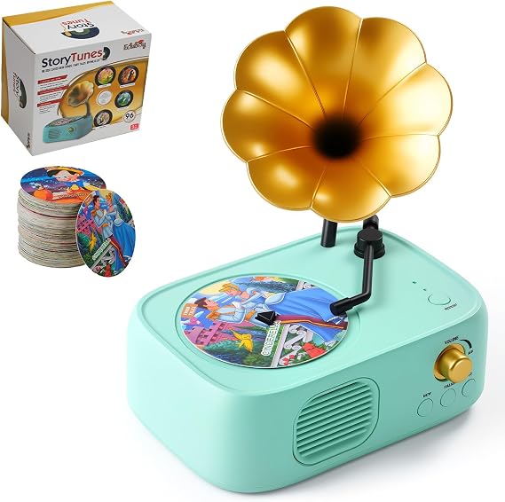 Kids Phonograph Record Player Toy for Toddlers Early Education Machine with 96 Learning Flashcards, Storyteller Music Box & BT5.0 Speaker Gift for Boys Girls Age 3+