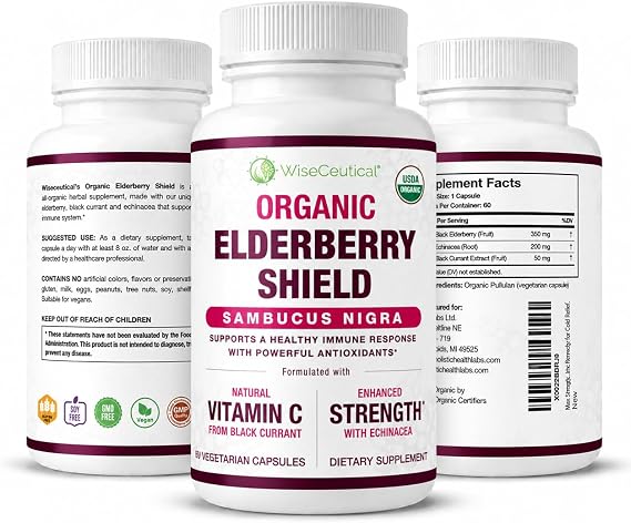 Max Strength USDA Organic Black Elderberry, Black Currant Extract & Echinacea | 3 in 1 Natural Immune Support & Vitamin C | Sugar-Free, Vegan-Friendly | Homeopathic Remedy | 60 Count