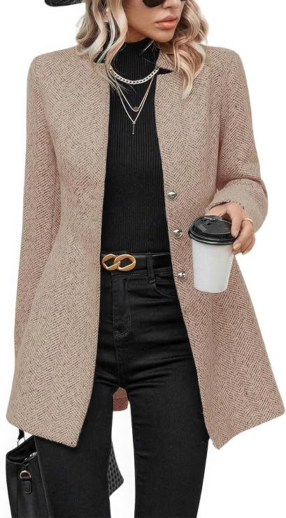 ebossy Women's Casual Business Herringbone Wool Blend Blazer Jacket Notched Collar Button Down Slim Long Sleeve Dress Coat