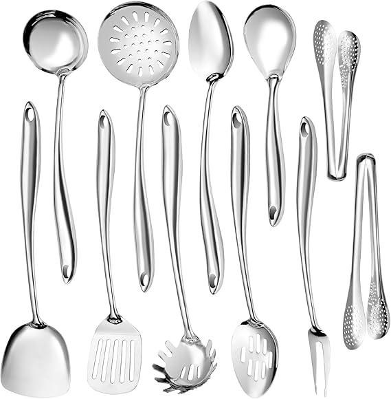 304 Stainless Steel Kitchen Utensils Set,11 Pcs Stainless Steel Cooking Utensils Set, Long Metal Cooking Utensil Gadgets Tools Set with Spatula, Spoon,Skimmer,Tongs etc (Dishwasher Safe)